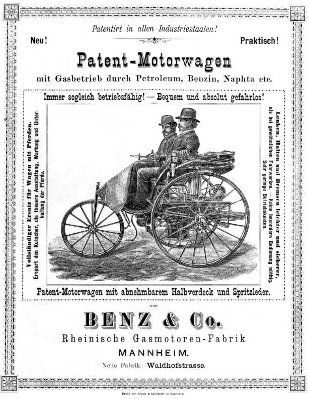 První reklama na Benzovo vozidlo: je vidět, že se oproti první tříkolce z roku 1885 v detailech liší