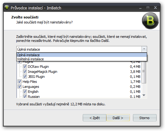 Volby pro instalaci vybraných součástí programu.