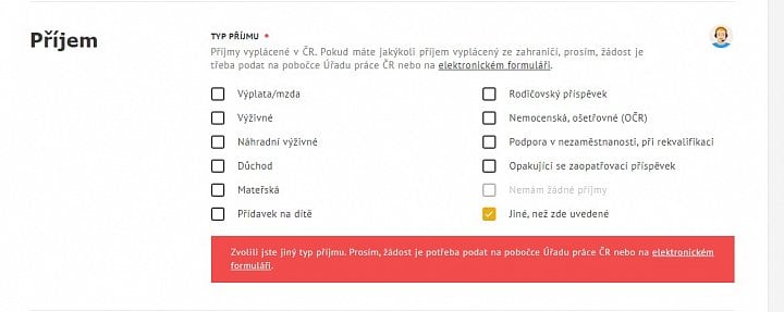 V ojedinělých případech nebude možné formulář využít. Online aplikace na to žadatele upozorní