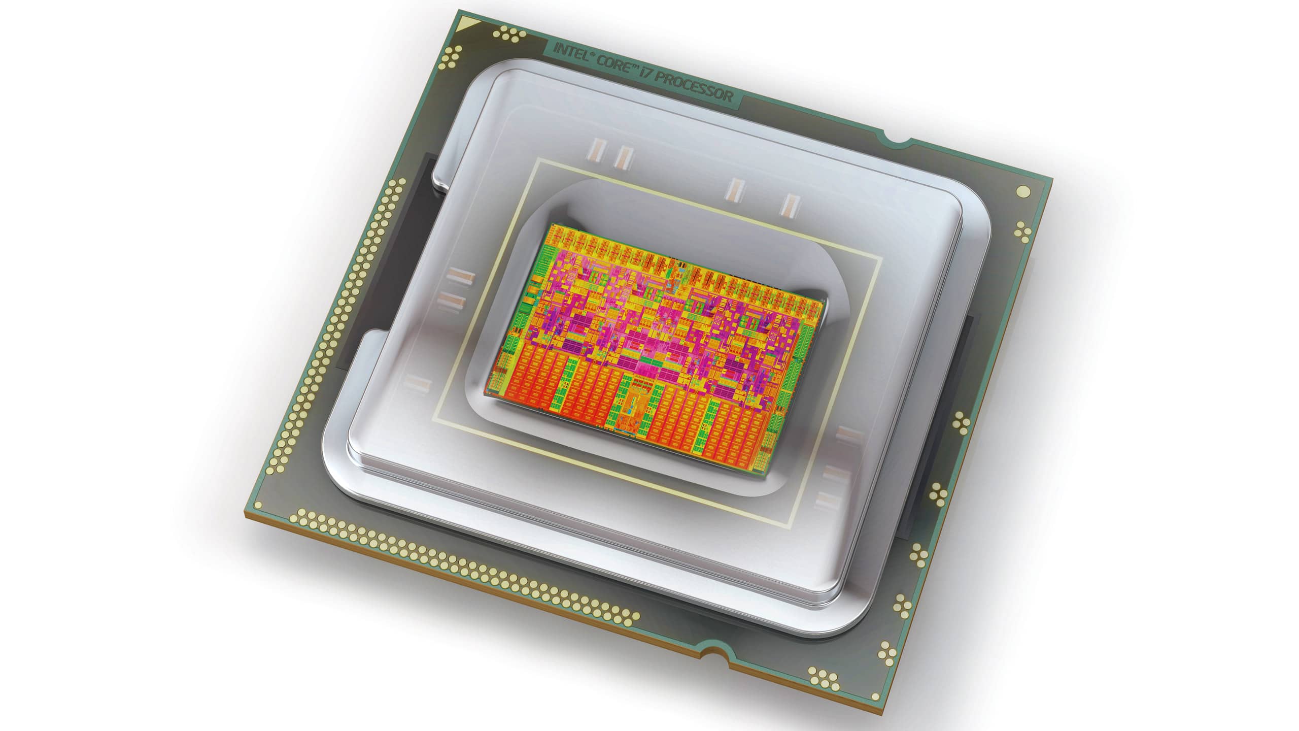 První procesor Intel Core i7 s architekturou Nehalem, ilustrace se snímkem čipu (2008, 45nm proces)