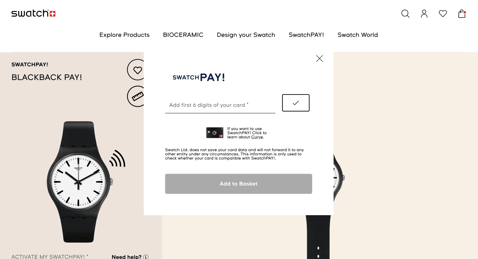Hodinky s Swatch Pay lze používat s kartou Curve. (02/2022)