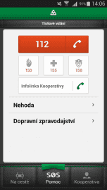 Úvodní zobrazení – možnost volat na tísňové linky nebo přímo na zákaznickou linku pojišťovny.