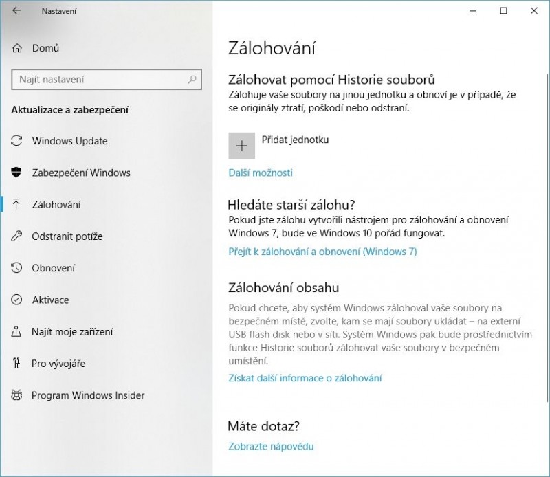 Funkce Historie souborů ve Windows 10 před svým povolením