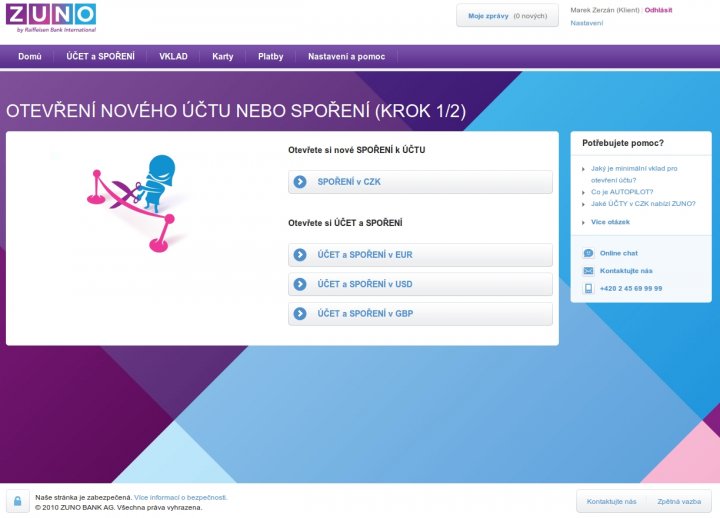 Otevření nového účtu nebo spoření
