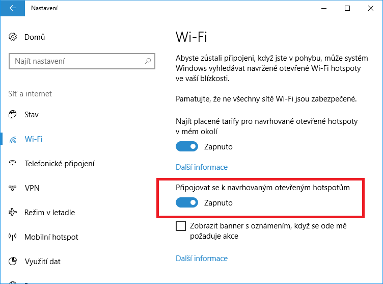 Připojování k otevřeným hotspotům ve Windows 10