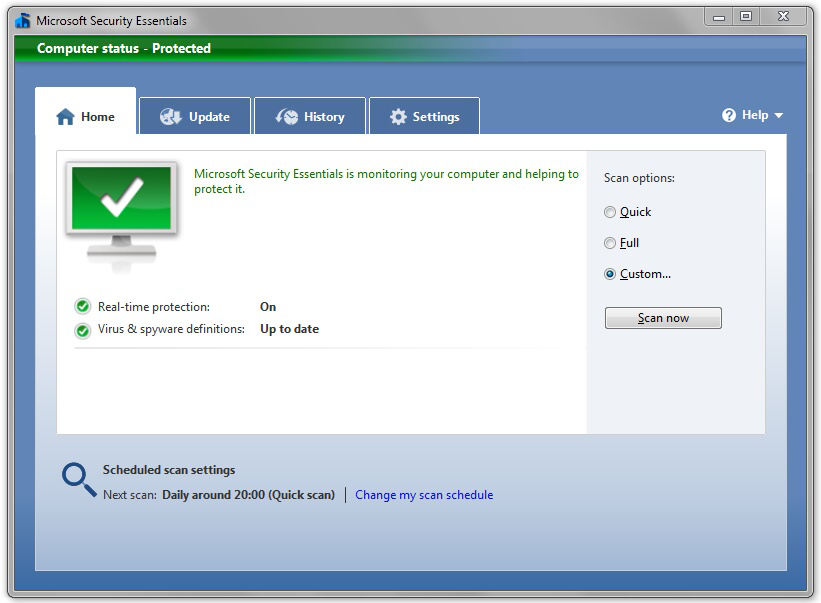 <p>Microsoft Security Essentials - hlavní okno programu</p>