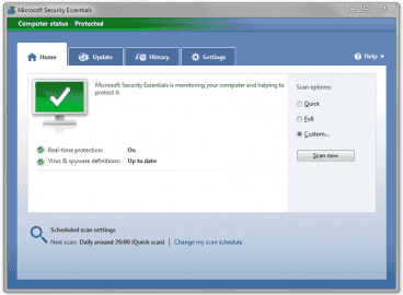 <p>Microsoft Security Essentials - hlavní okno programu</p>
