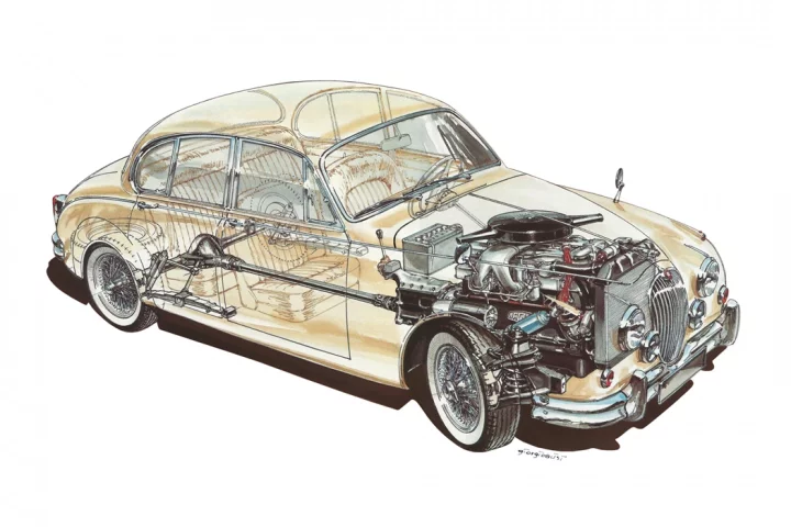 Masívní hliníkový šestiválec nejlépe vynikne na dokonalé rentgenové kresbě Jaguaru Mk2