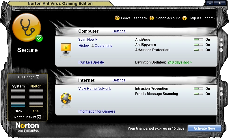 <p>Vzhledově působí Norton AntiVirus Gaming Edition přesně tak, jak se od něj očekává. Zde je screenshot z Windows XP, ve Vista je interface navíc efektně průhledný</p>