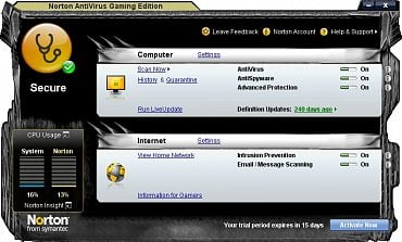 <p>Vzhledově působí Norton AntiVirus Gaming Edition přesně tak, jak se od něj očekává. Zde je screenshot z Windows XP, ve Vista je interface navíc efektně průhledný</p>