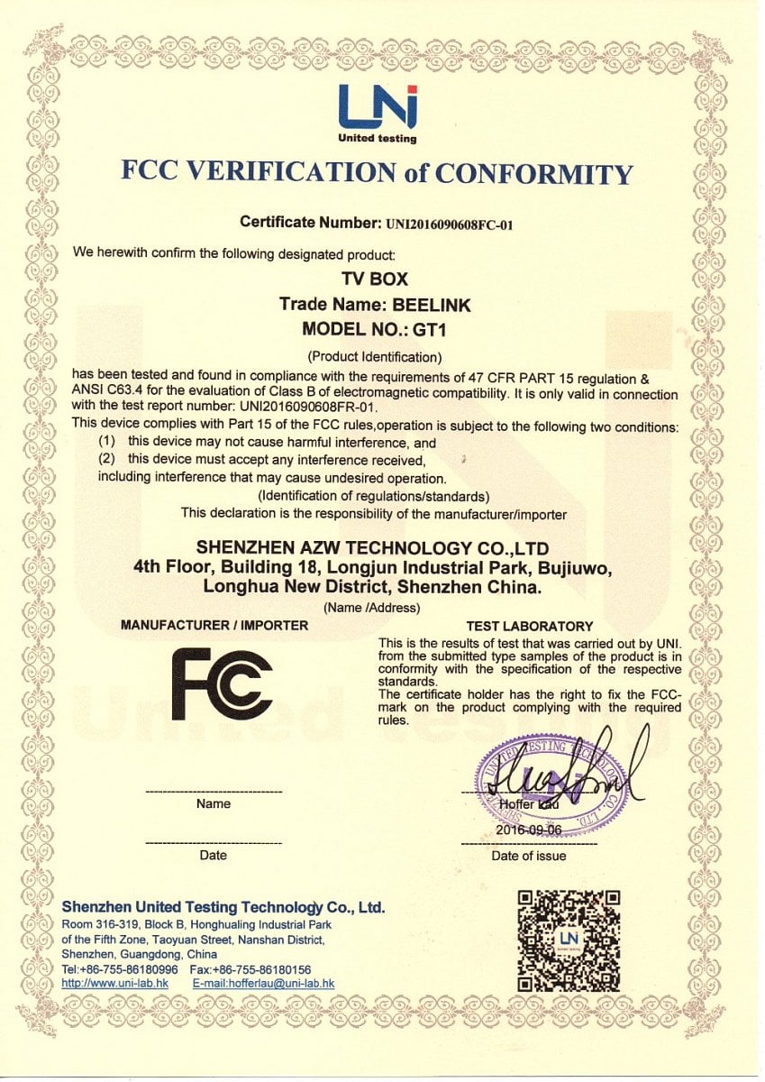 Oficiální certifikáty přístroje