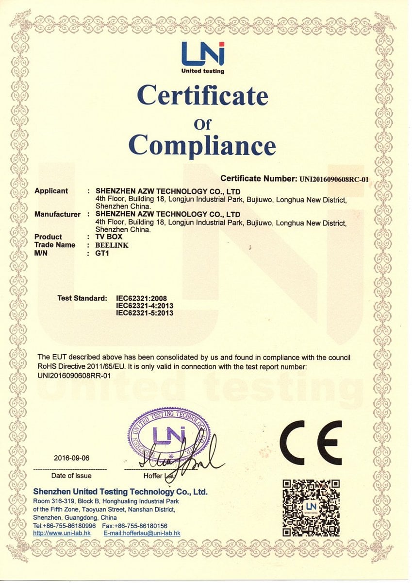 Oficiální certifikáty přístroje