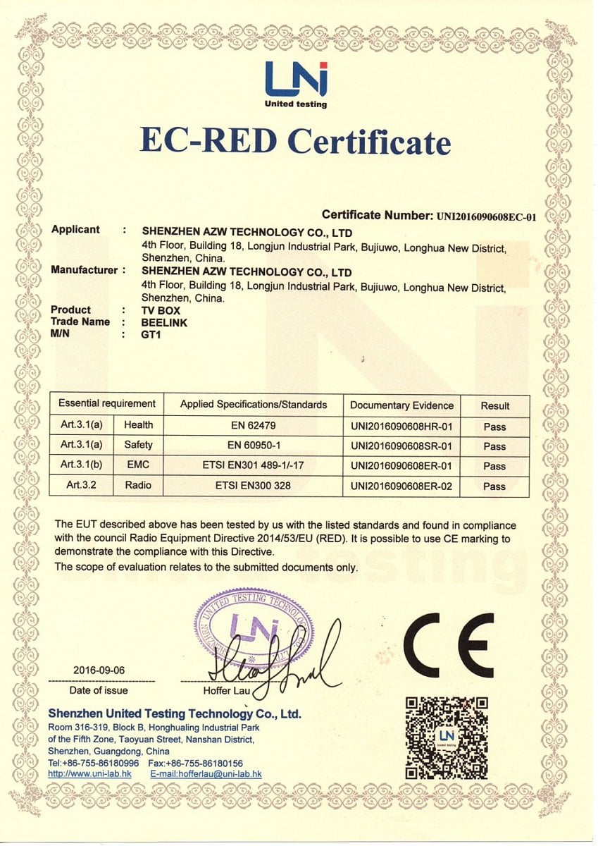 Oficiální certifikáty přístroje