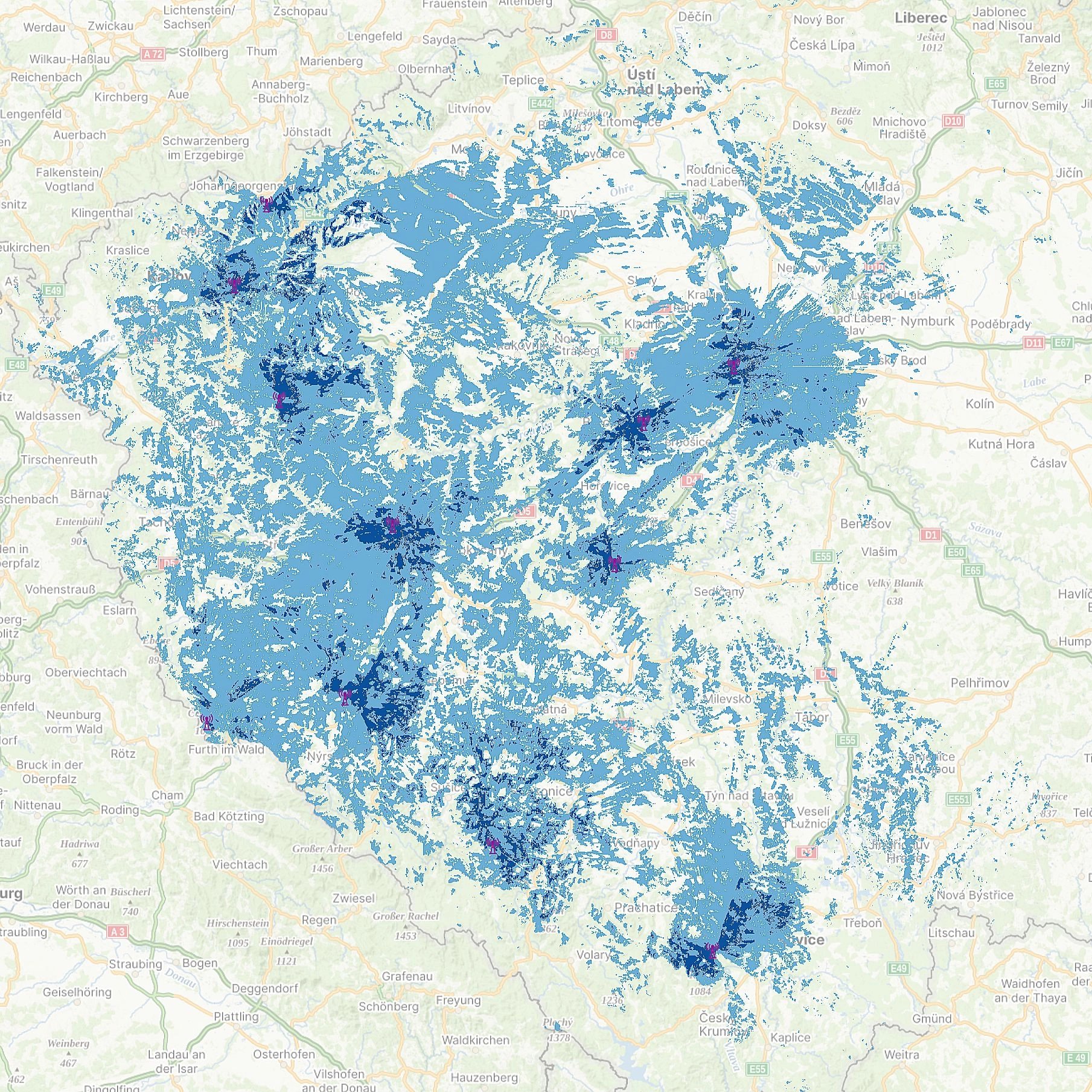 Simulace pokrytí DAB+ sítě RTI CZ