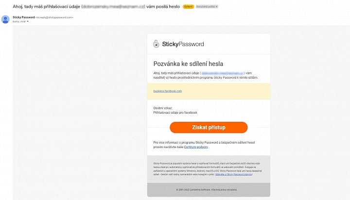 E-mail s pozvánkou ke sdíleným přihlašovacím údajům