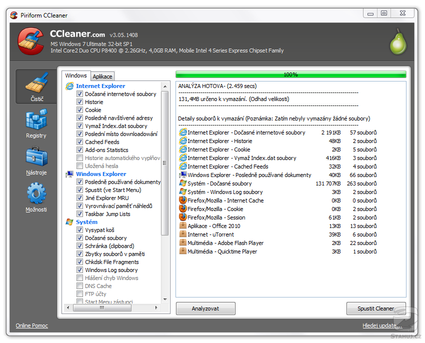 CCleaner podporuje široké spektrum aplikací