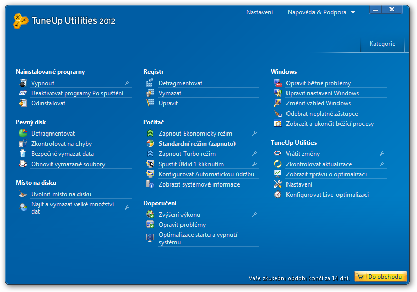 Okno zobrazující všechny funkce TuneUp Utilities 2012
