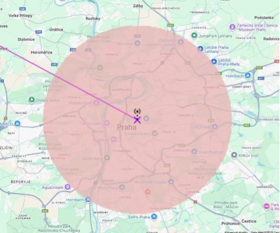 Simulace pokrytí z vysílače Praha - Žižkov