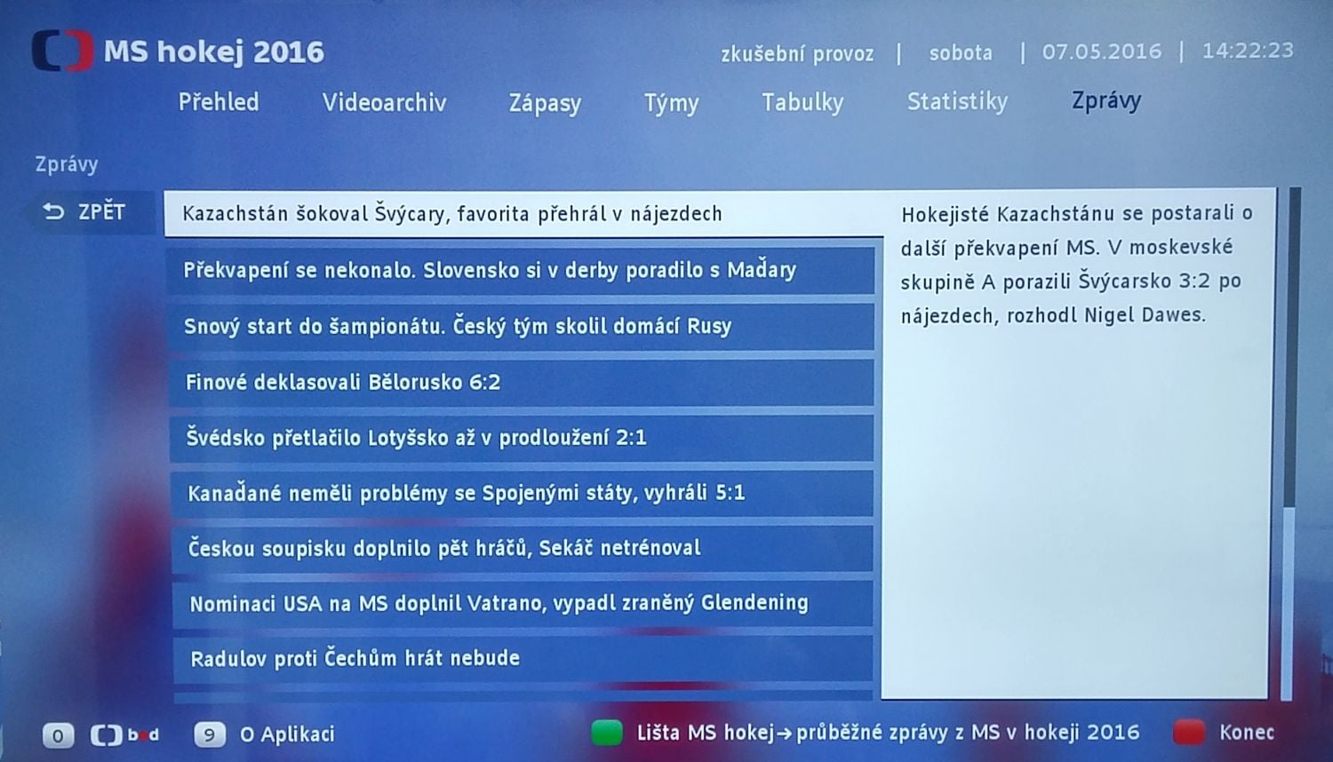 ČT HbbTV - MS hokej 2016