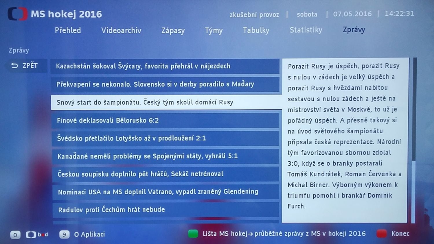 ČT HbbTV - MS hokej 2016