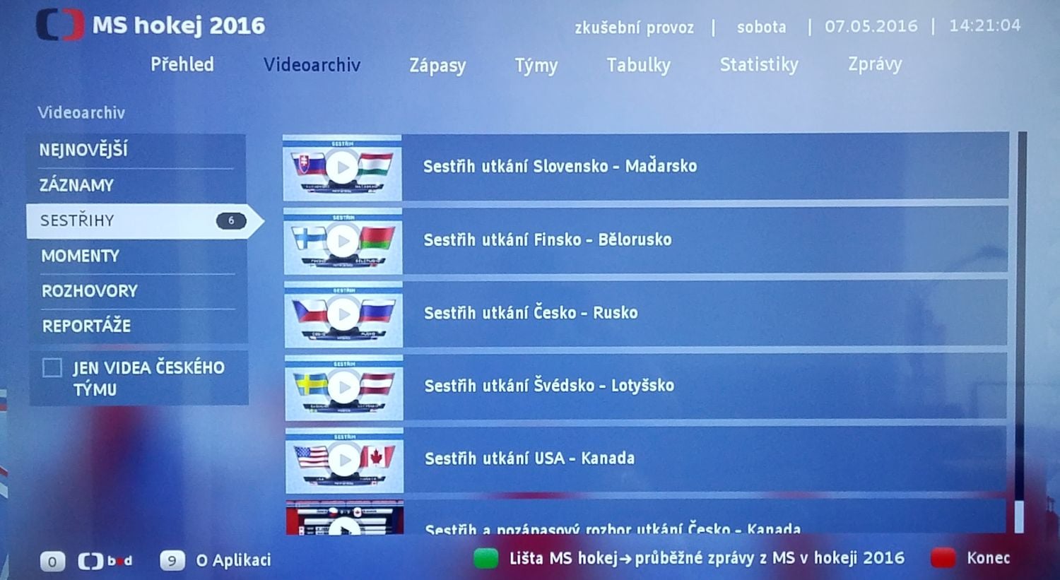 ČT HbbTV - MS hokej 2016