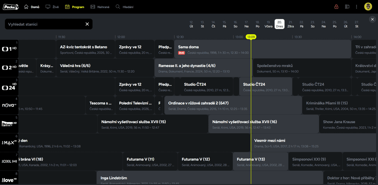 Elektronický programový průvodce (EPG) ve službě Pecka