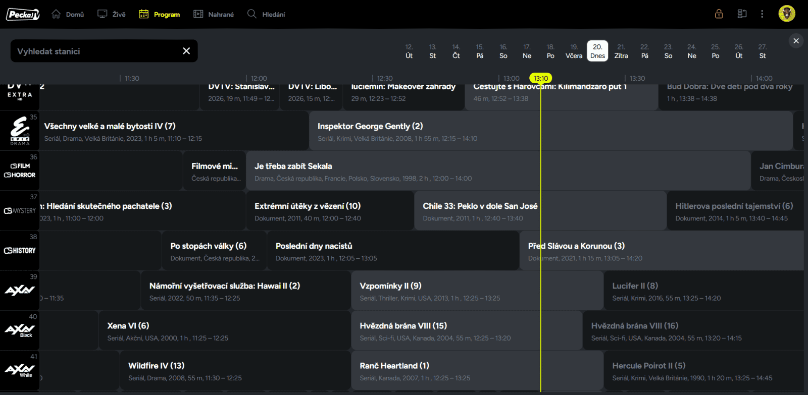 Elektronický programový průvodce (EPG) ve službě Pecka