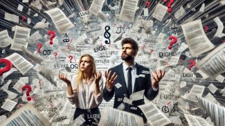 Muž a žena, kolem kterých se chaoticky vznáší paragrafy