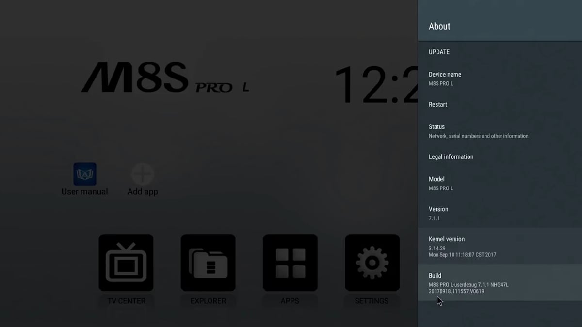 Mecool M8S Pro L - Start přístroje a menu (firemní OS)