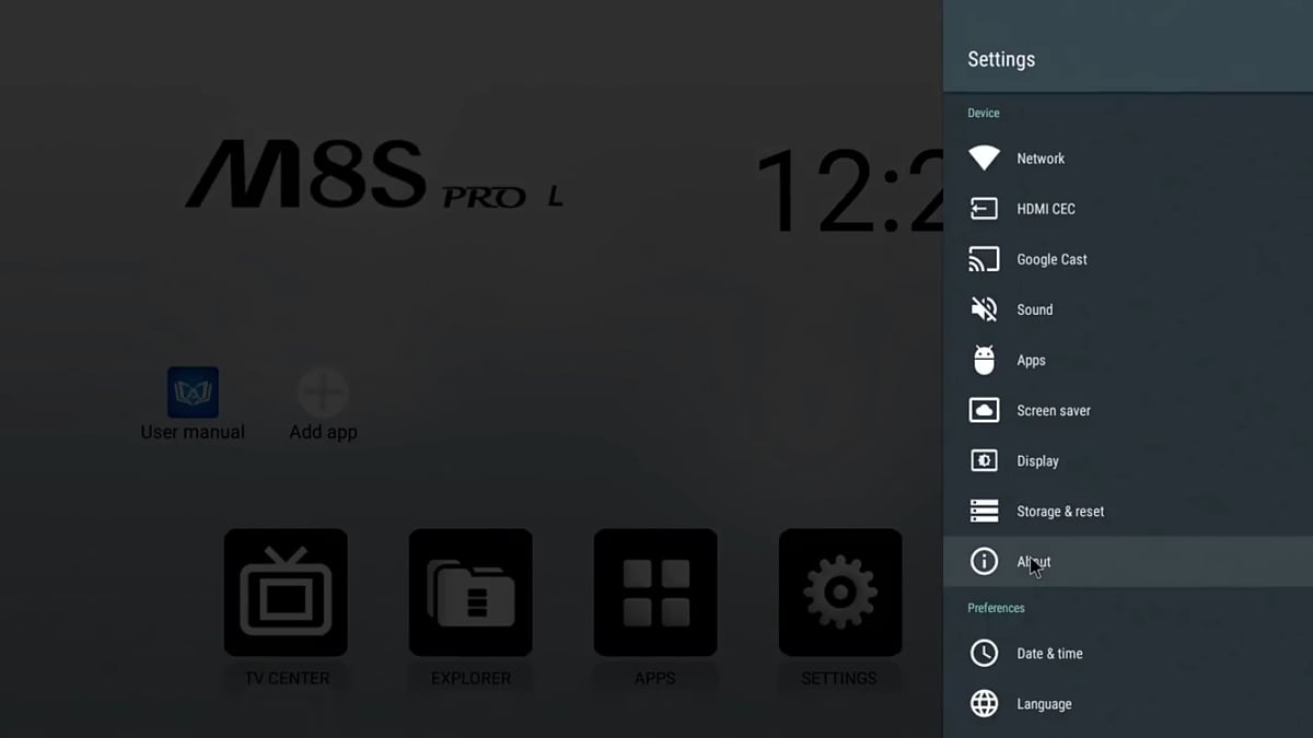 Mecool M8S Pro L - Start přístroje a menu (firemní OS)