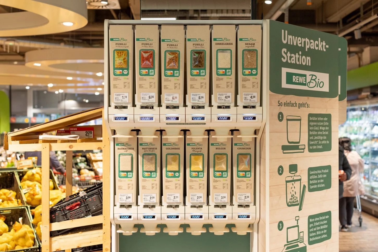 Ukázka bezobalového řešení MIWA v německých supermarketech