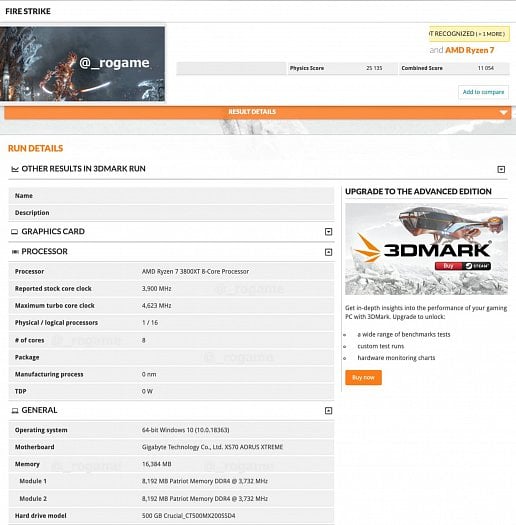 AMD Ryzen 7 3800XT v 3DMarku Zdroj rogame