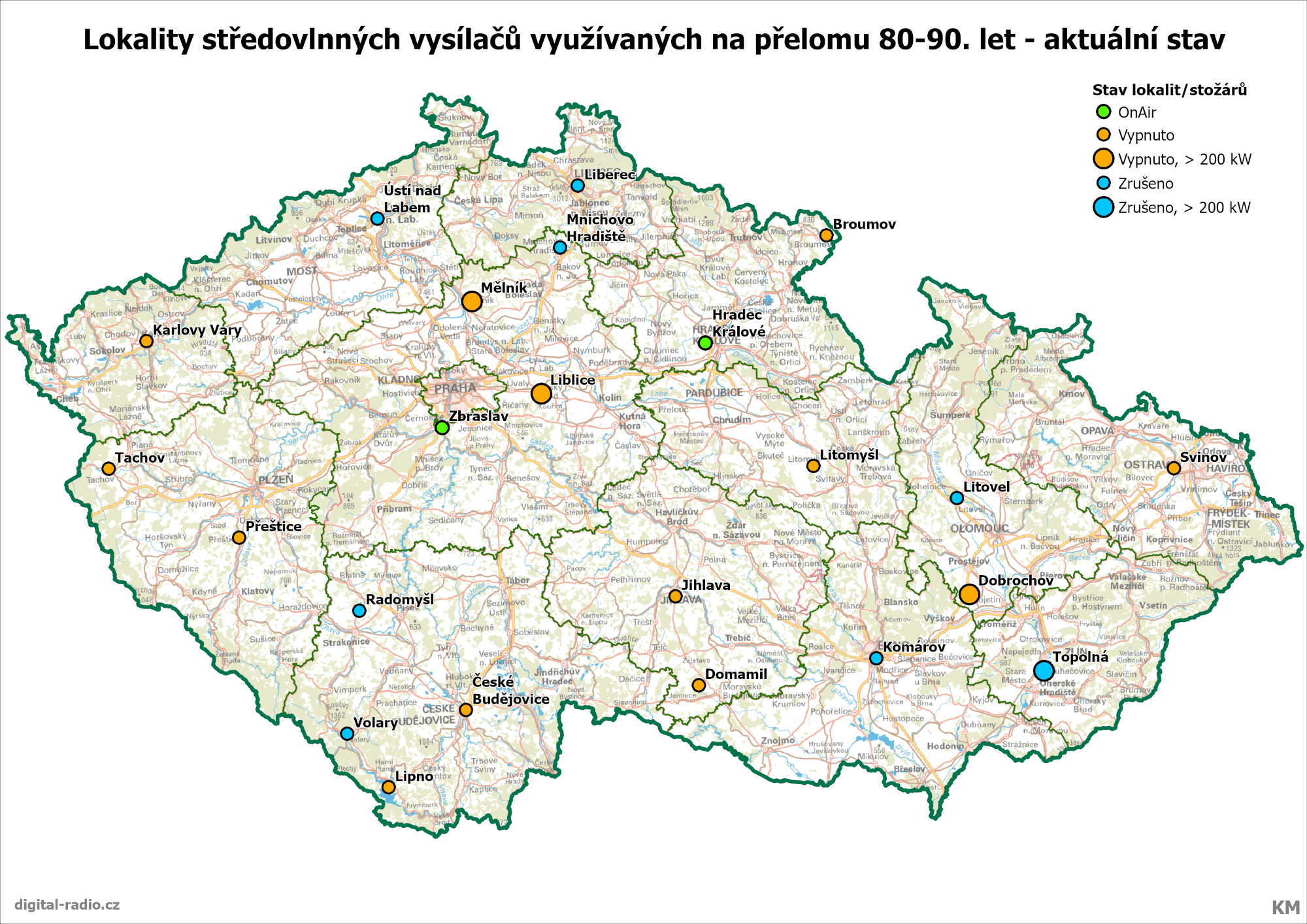 Lokality středovlnných vysílačů využívaných na přelomu 80.-90. let 20. století.