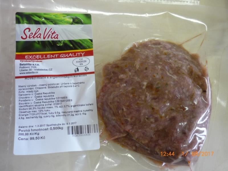 Výrobna SelaVita, Vratislavice nad Nisou: Hovězí mleté s argentinským kořením - obsah tuku v polotovaru byl vyšší, než bylo uvedeno na obale