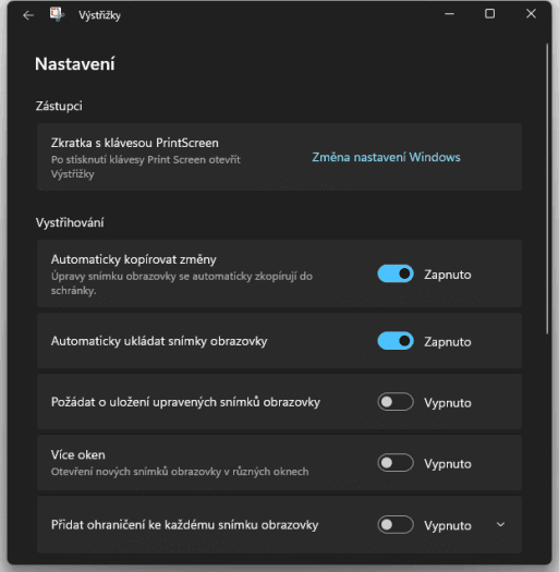 Výstřižky Nastavení
