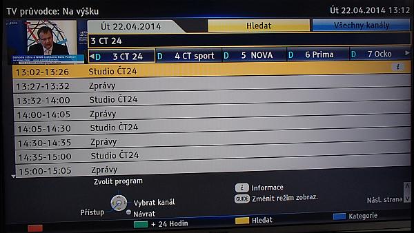 EPG na výšku je druhou variantou náhledu na programovou nabídku. Stačí jen podruhé zmáčknout tlačítko Guide.