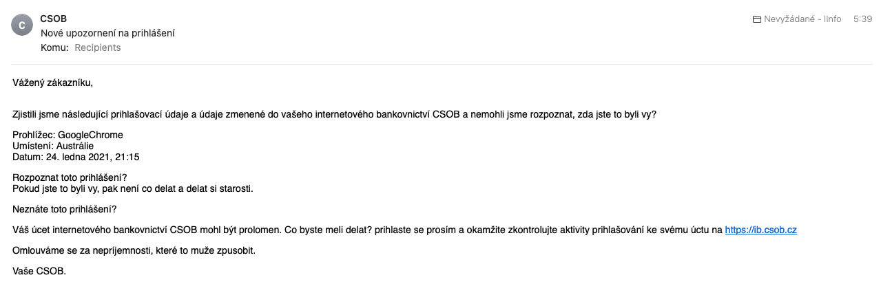 Iniciační e-mail s odkazem na phishingovoý web s logem ČSOB. (25. 1. 2021)