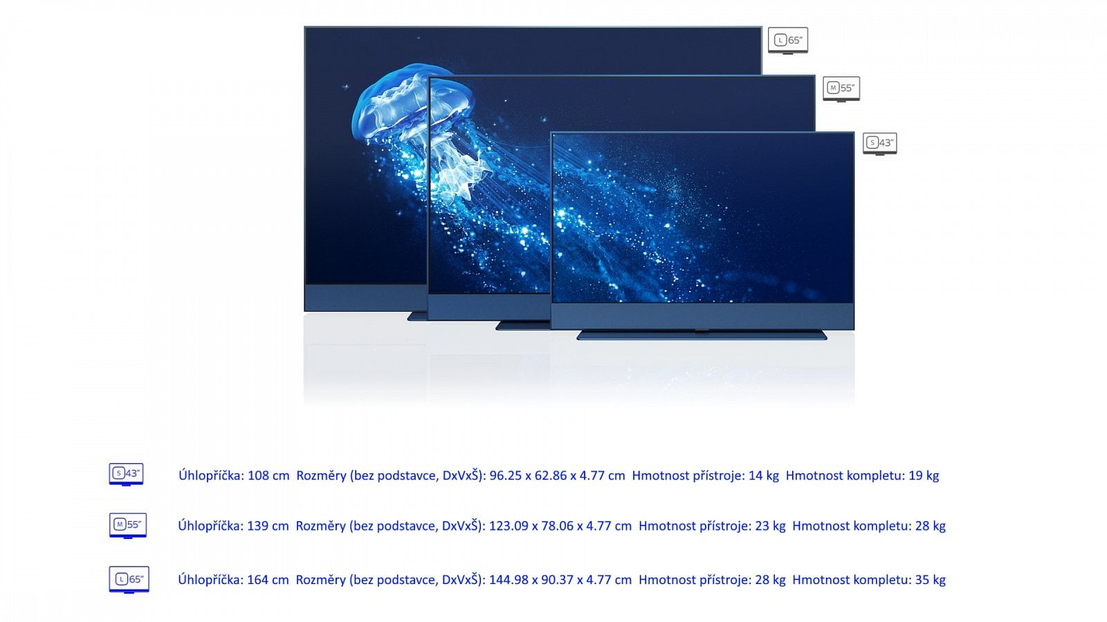 Sky Glass: velikosti, barvy, ovladače