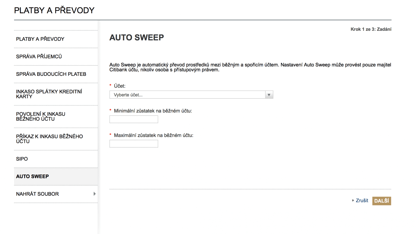 Auto sweep slouží k převádění peněz mezi účty pod/nad stanovenou hranici.