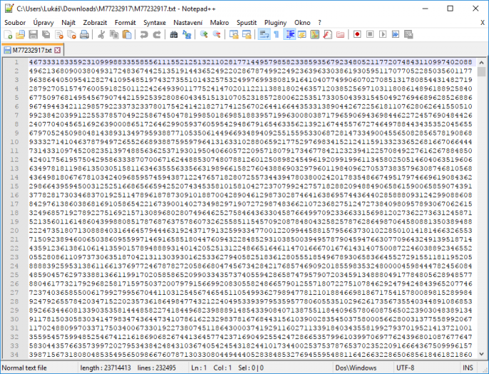 Část nejvyššího prvočísla, má přes 230 000 řádků