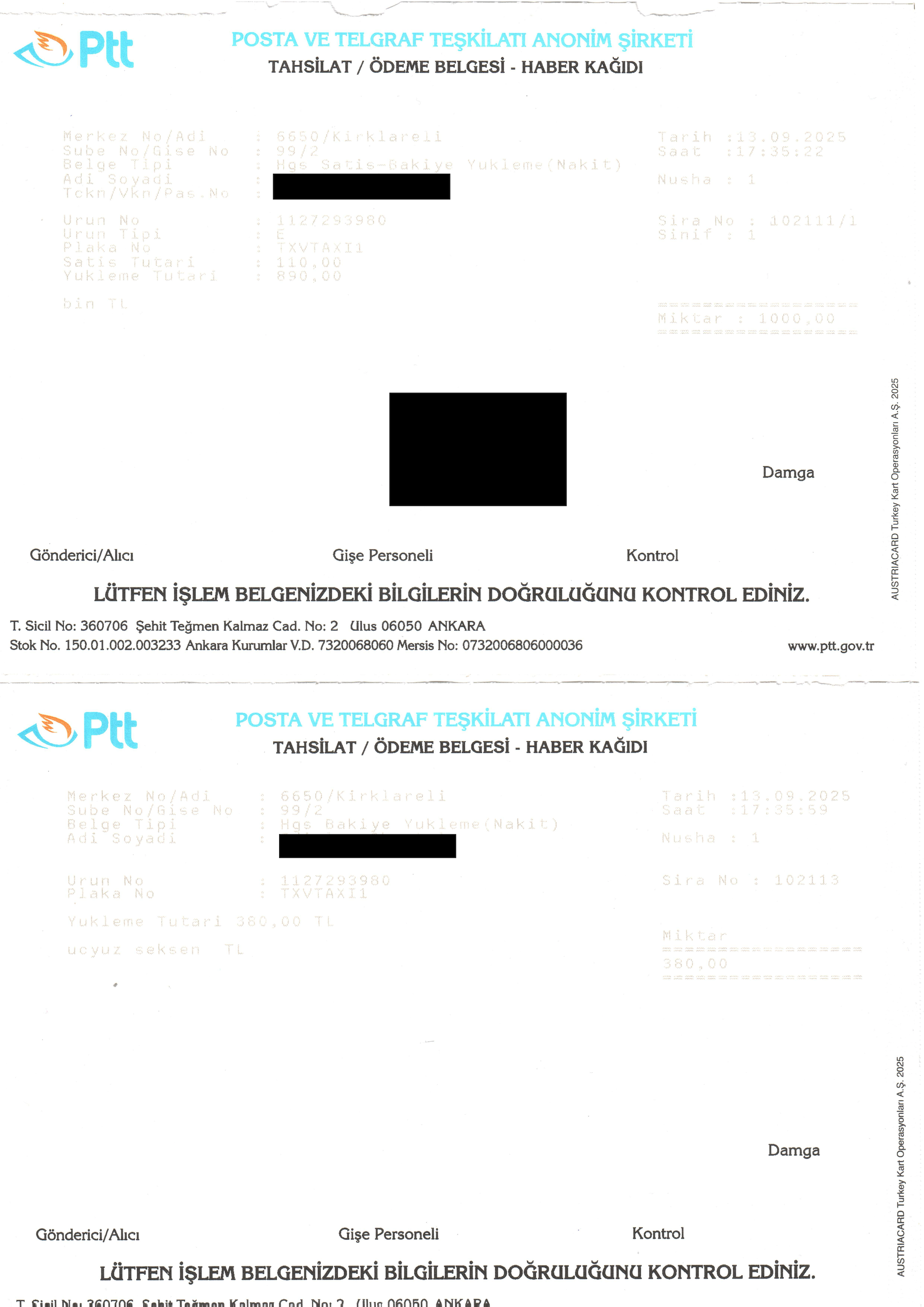 Nákup RFID nálepky systému HGS na pracovišti PttBank. Hraniční přechod Malko Tarnovo (BG) - Dereköy (TR). (13. 09. 2025)