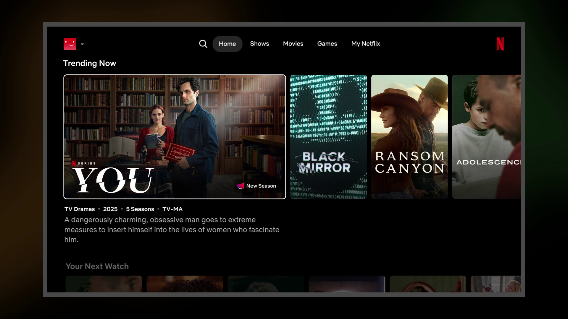 Ukázka doporučeného obsahu v nové televizní aplikaci Netflixu