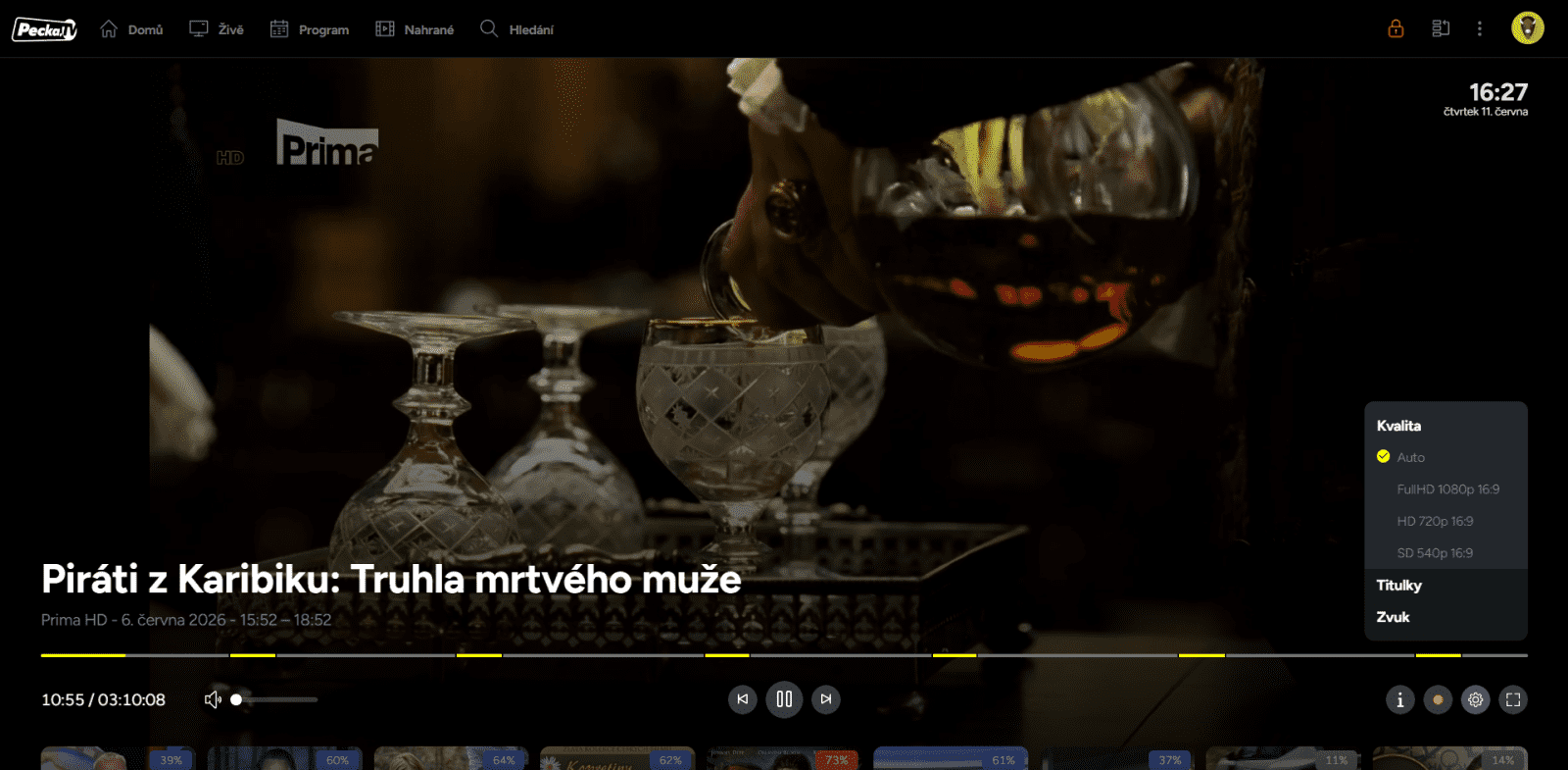 Nastavení kvality obrazu a zvuku ve službě Pecka.TV