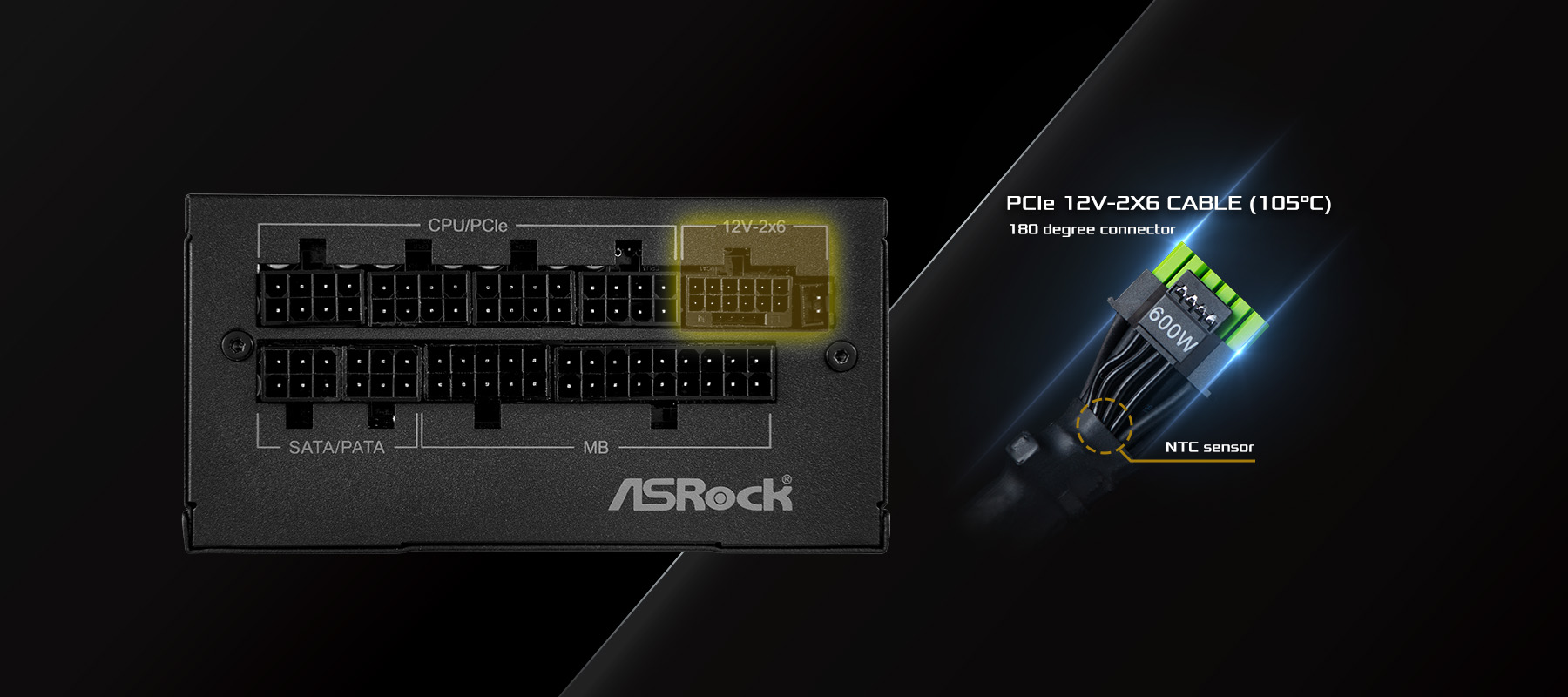 Ochrana proti selhání a přehřátí konektorů 12V-2x6 na zdroji ASRock PG1000-PSF
