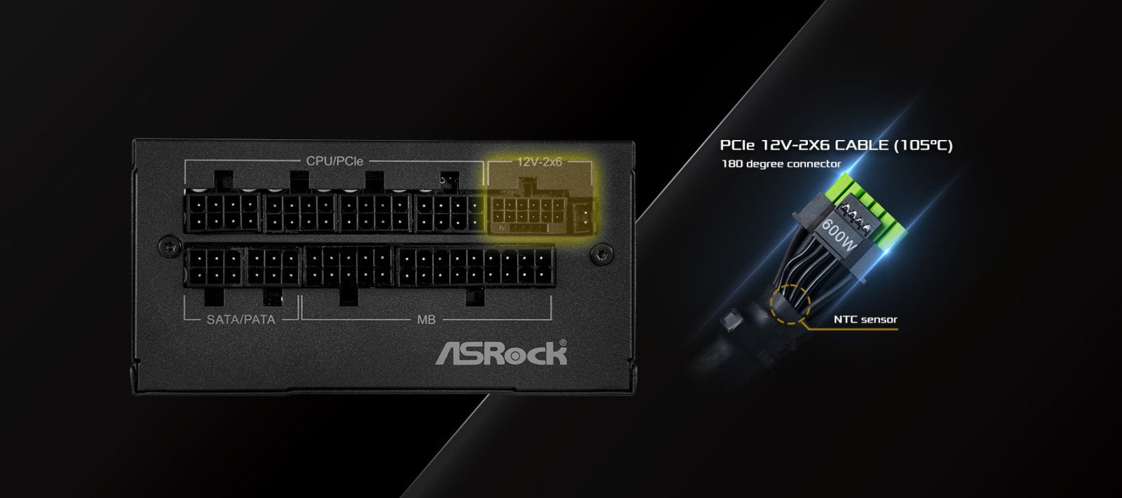 Ochrana proti selhání a přehřátí konektorů 12V-2x6 na zdroji ASRock PG1000-PSF