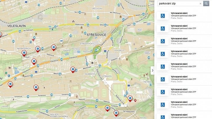 Mapy.cz a parkovací stání pro ZTP