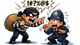 Kreslený zloděj křičí na zaskočeného policistu