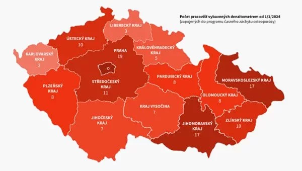 Mapa ukazuje, kolik pracovišť s denzitometrem a ve kterém kraji bude fungovat od 1. ledna 2024. Jde o pracoviště zapojená do programu časného záchytu osteoporózy.