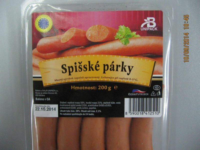 Spišské párky - hmotnost výrobku byla nižší, než bylo uvedeno na obale. Výrobce / Baleno u firmy B-Unipack, Rosice. Místo kontroly: Kaufland, Praha 4