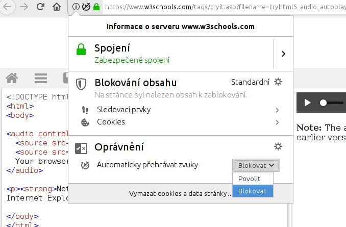 Firefox brání automatickému přehrávání obsahu. Zobrazí ikonu v adresním řádku. V menu je pak možné přidat stránce výjimku.